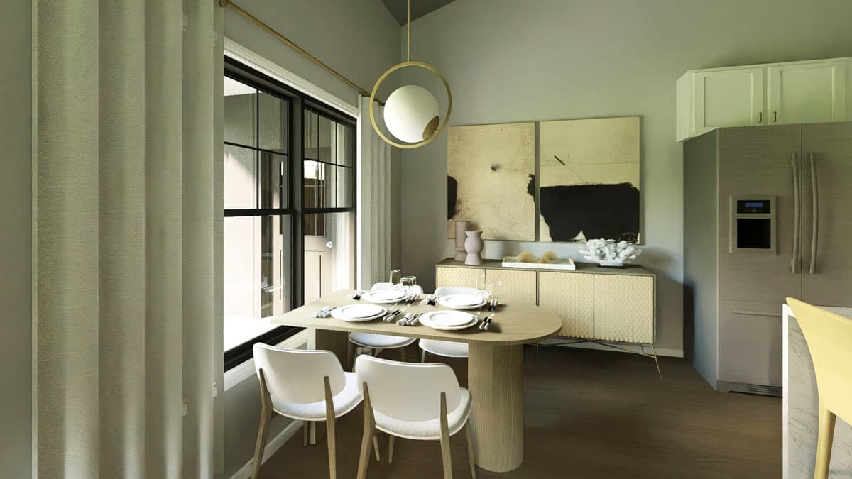 Dining area with wood table, white chairs, buffet, artwork, and stainless steel refrigerator.