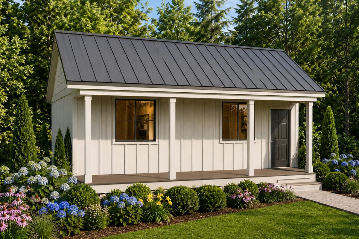 Plan 849091PGE: 900 Sq Ft Cottage ADU House Plan with Covered Porch - Image #1 - Cottage, Vacation