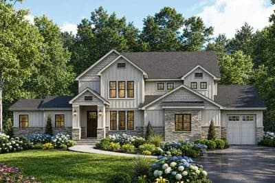 New American House Plan with First-Floor Master Suite and 3-Car Garage
