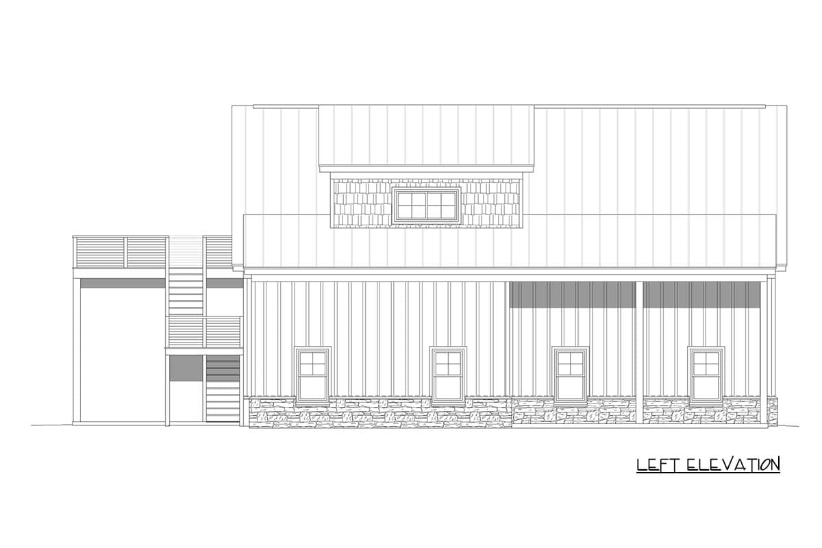 Left elevation drawing of a house plan featuring a porch, stone base, and dormer.
