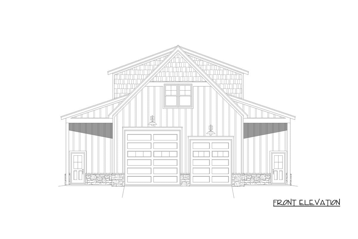 Front elevation drawing of a house plan with two garage doors, stone foundation, and shingle gable.