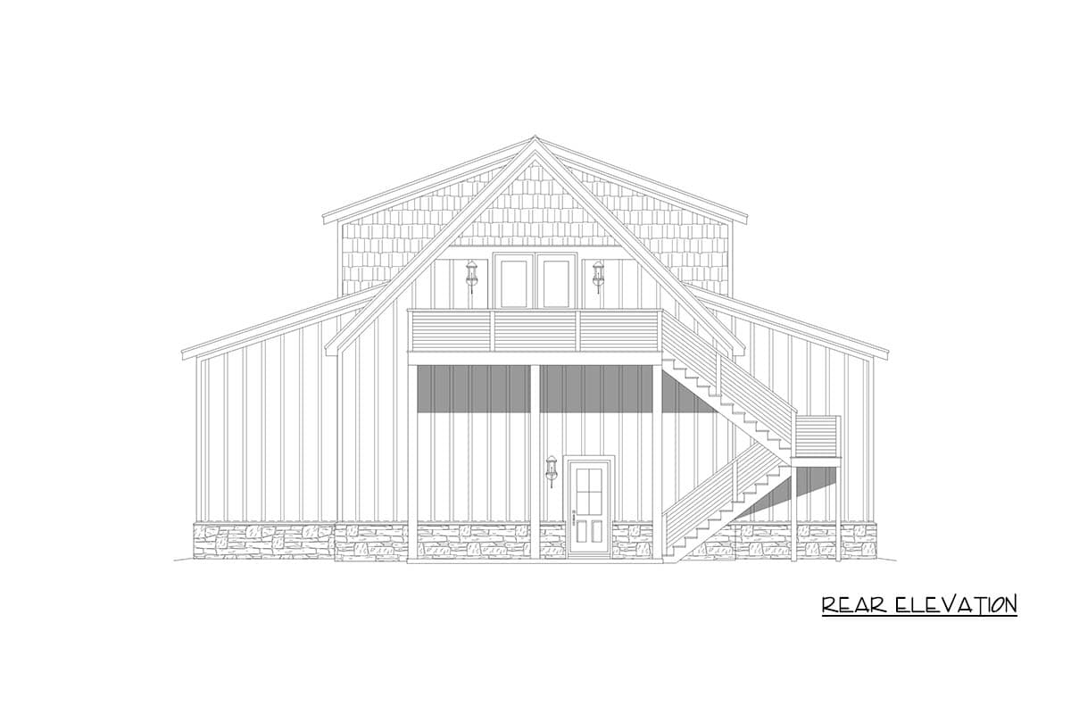 Rear elevation of a two-story house plan with a stone base, vertical siding, a balcony, and exterior stairs.
