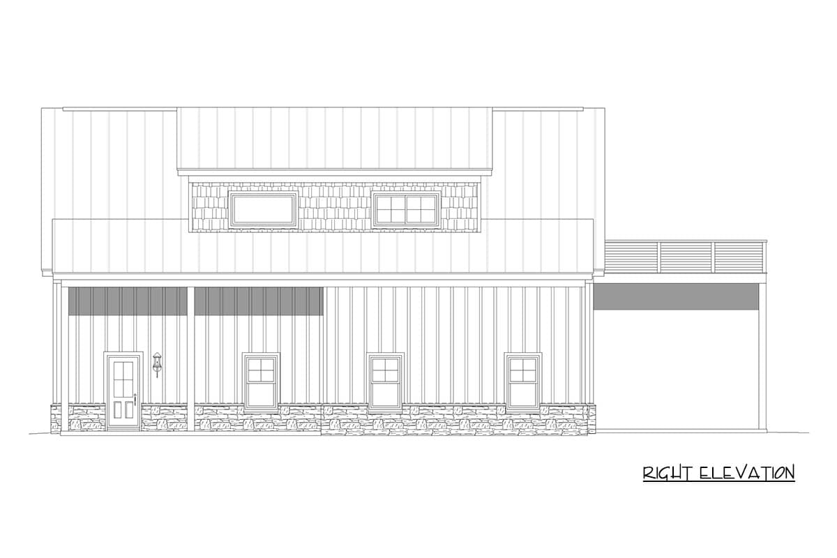 Right elevation of a house plan showing a metal roof, dormer windows, covered porch, and stone foundation.