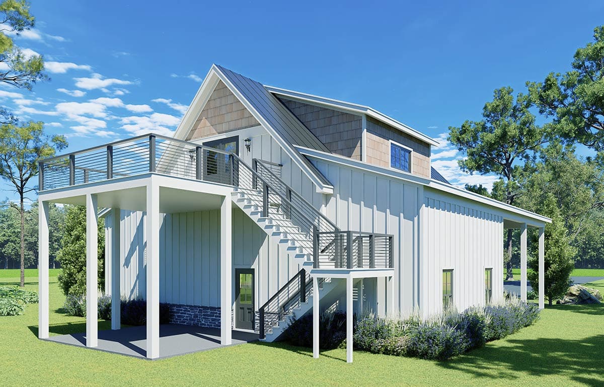 Modern Farmhouse house plan exterior with prominent gables, a metal roof, multiple decks, and a central staircase.