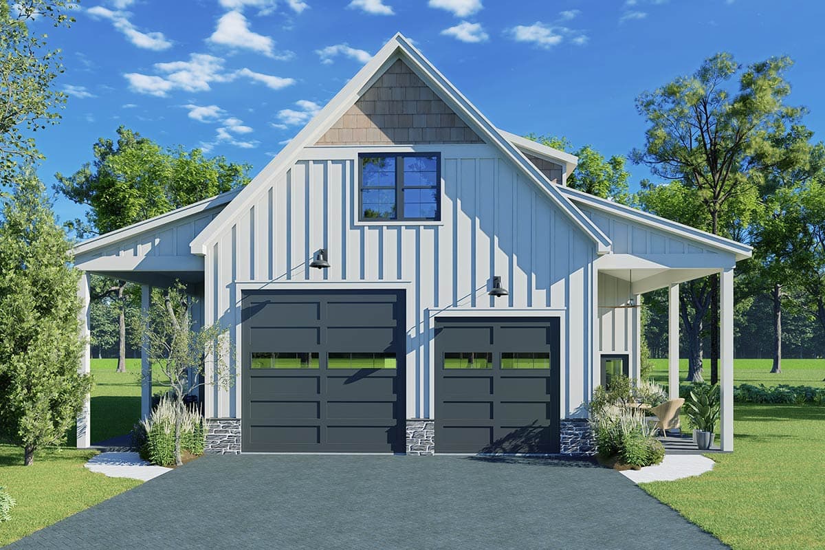 Modern Farmhouse house plan exterior with board and batten siding, two garage doors, shed rooflines, and covered porches.