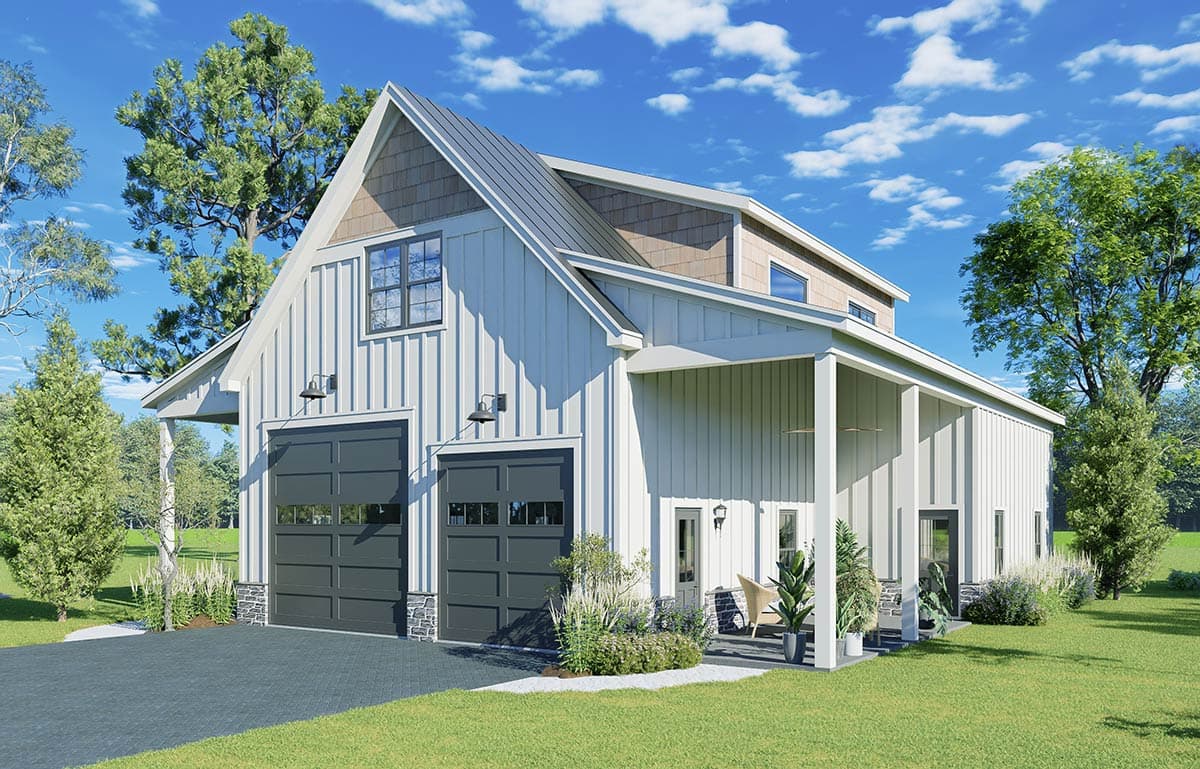 Modern Farmhouse house plan exterior with two garage doors, covered porch, vertical siding, and gable roof.
