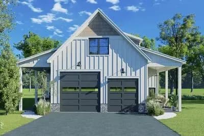 2-Bed Carriage House Plan with 4-Car RV Garage and Dual Workshop