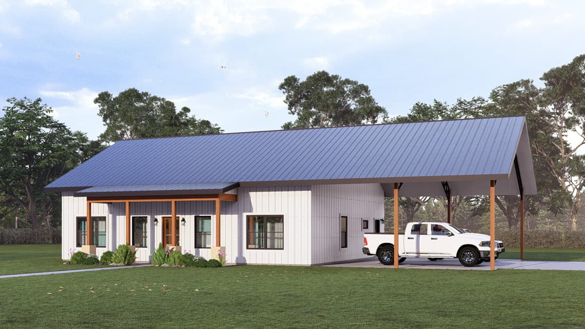 Plan 405162FDC: Modern Barndominium House Plan with 3 Bedrooms and 2-Car Carport - Image #2 - Barndominium