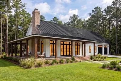 Modern Barndominium House Plan with Wraparound Porch and Vaulted Great Room