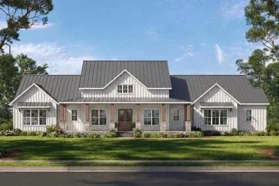 Modern Farmhouse House Plan with 3 Beds and Vaulted Great Room