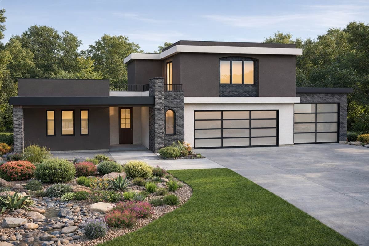 Plan 506062BRY: Contemporary Modern House Plan with 4 Bedrooms and Large Garage - Image #1 - Contemporary, Modern