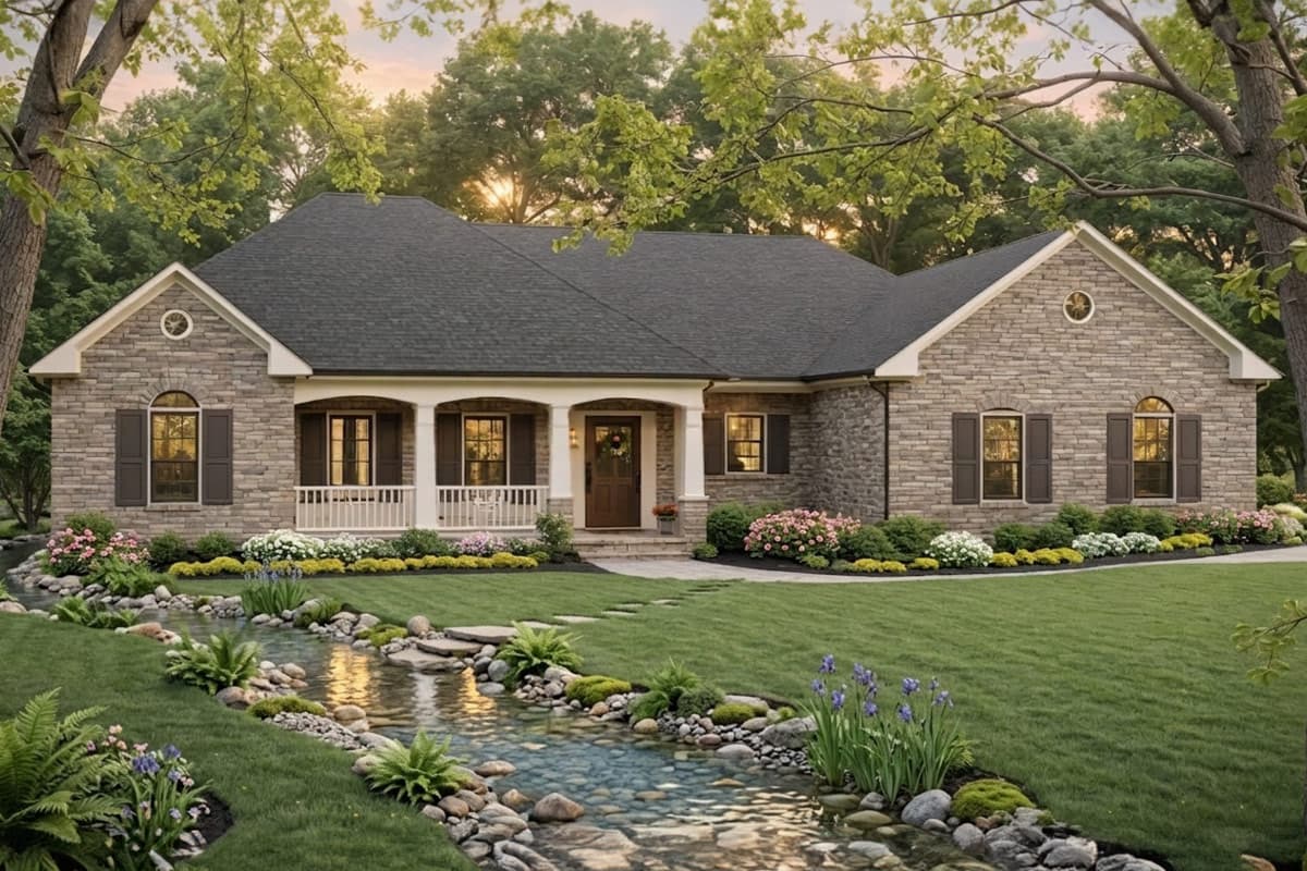 Plan image - 51384MM:Traditional Stone Ranch House Plan with Split Bedrooms and Bonus Space