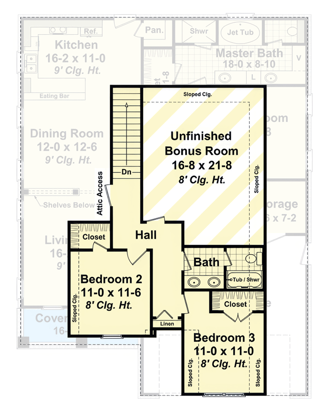 Plan 51385MM: Craftsman House Plan with 3 Beds, Master on Main, and 2-Car Garage - Floor Plan - 2nd Level with Bonus Room - Cottage, Craftsman