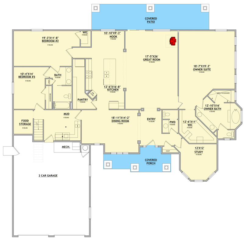 Plan 849097PGE: Elegant New American House Plan with Main Level Master and Bonus Room - Floor Plan - Main Level - Craftsman, European, New American, Traditional
