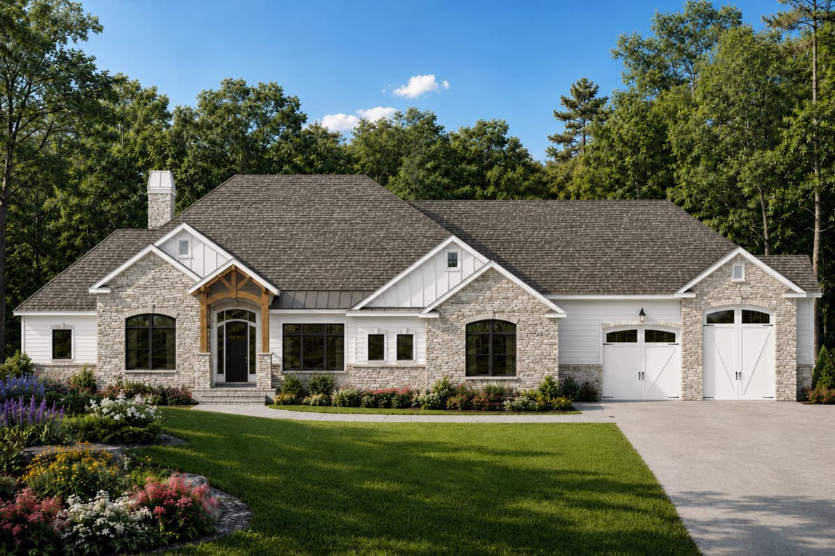 Plan image - 849098PGE:Grand Farmhouse House Plan with 4 Bedrooms, 5-Car Garage, and Walkout