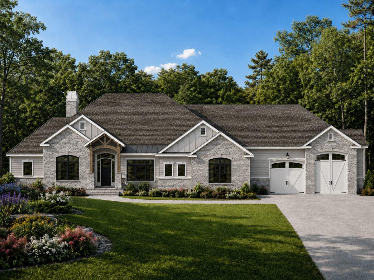 Plan 849098PGE: Grand Farmhouse House Plan with 4 Bedrooms, 5-Car Garage, and Walkout - Image #3 - Farmhouse, Mountain, New American, Traditional