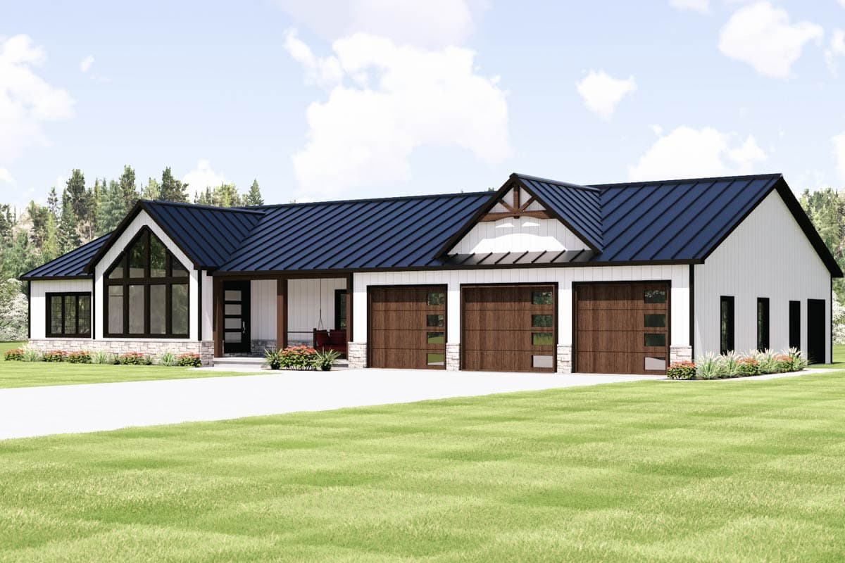 Plan 135424GRA: Modern Ranch House Plan with 3 Beds, 3-Car Garage, and Flexible Rec Room - Image #2 - Country, Craftsman, New American, Ranch
