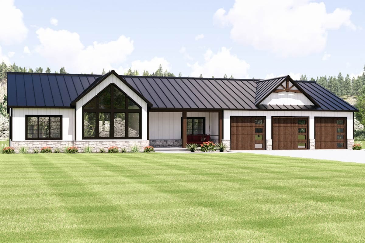 Plan 135424GRA: Modern Ranch House Plan with 3 Beds, 3-Car Garage, and Flexible Rec Room - Image #1 - Country, Craftsman, New American, Ranch