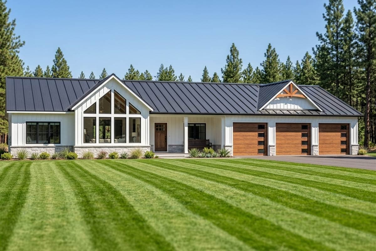 Modern Farmhouse house plan exterior with metal roof, large gabled window, and a three-car garage.