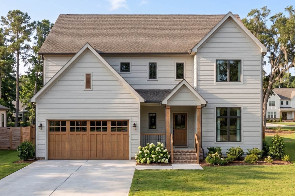 House plan exterior, two-story Modern Farmhouse with a side-entry garage, prominent gable, and covered front porch.