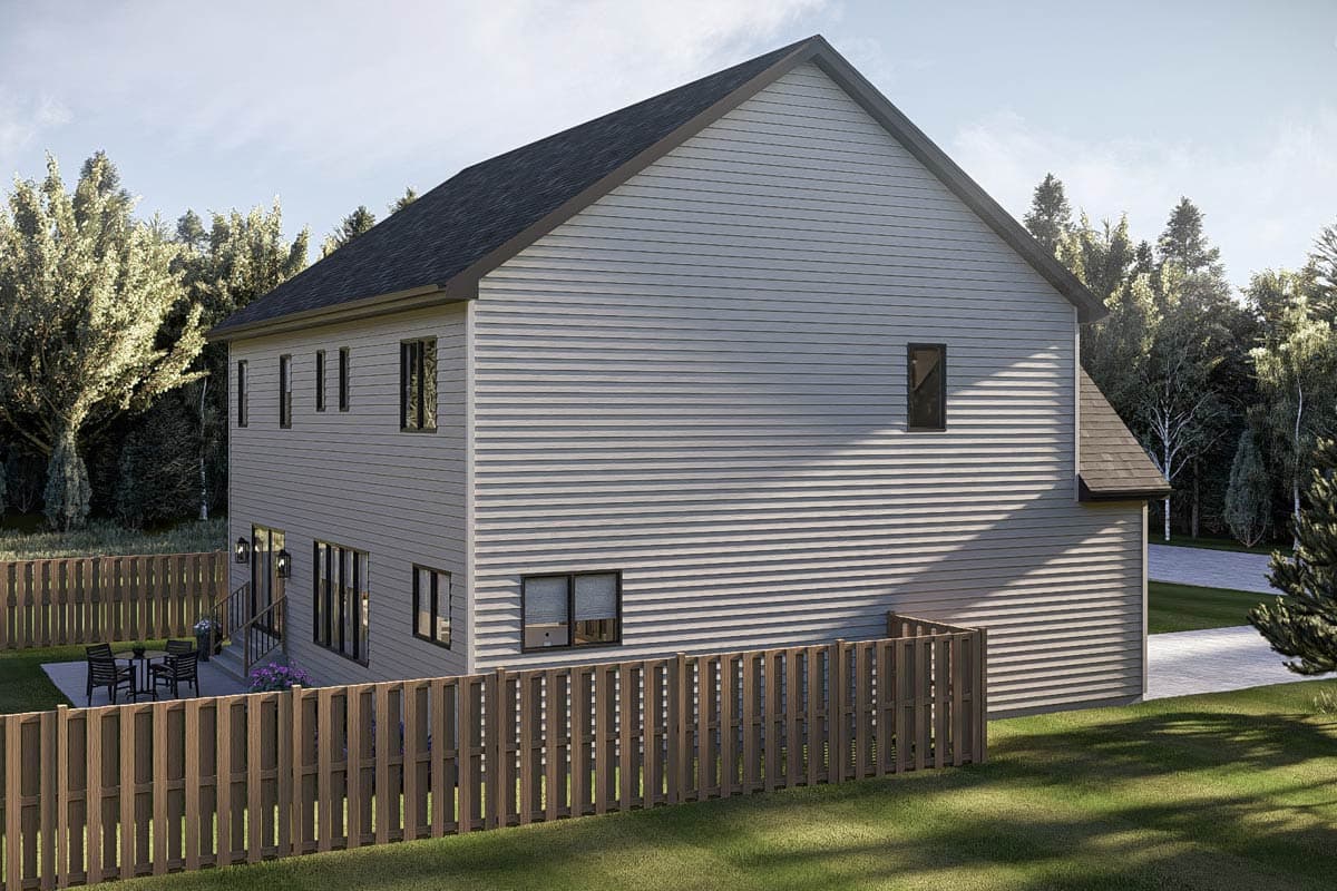 Two-story house plan exterior with horizontal siding, a gable roof, and a rear deck. Visible windows and outdoor lighting.