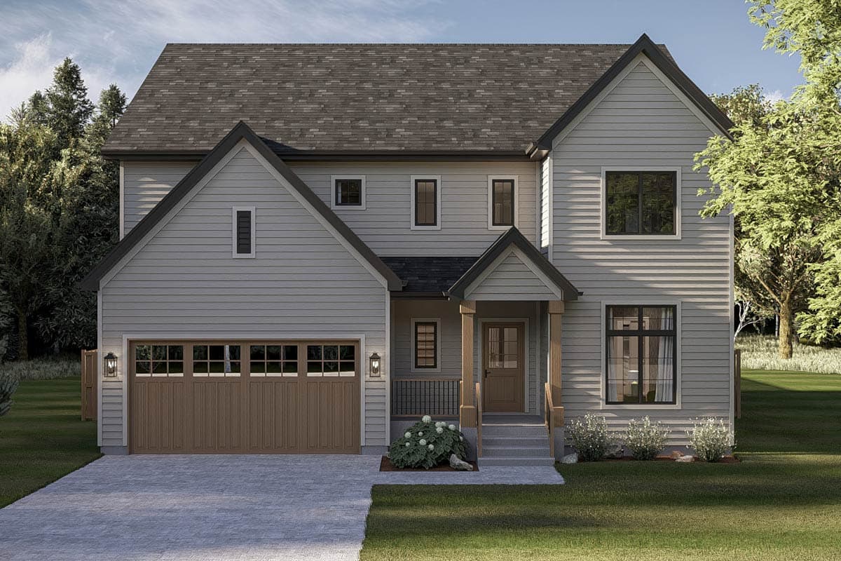House plan exterior: two-story Modern Farmhouse with gable roof, attached garage, covered entry porch, and large front-facing windows.