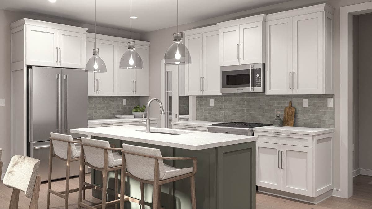 Kitchen with white shaker cabinets, stainless steel appliances, large island with seating, and gray subway tile backsplash.