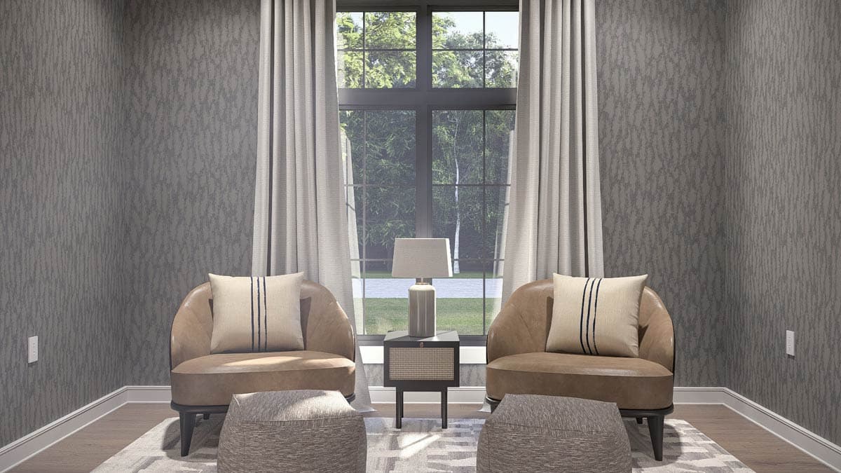 Interior rendering of a seating area with two chairs, ottoman, side table, lamp, and a large window with curtains.