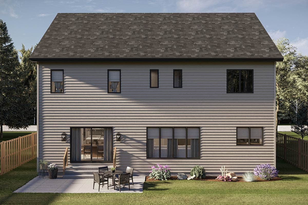 Two-story house plan exterior with horizontal siding, a gable roof, and multiple windows.