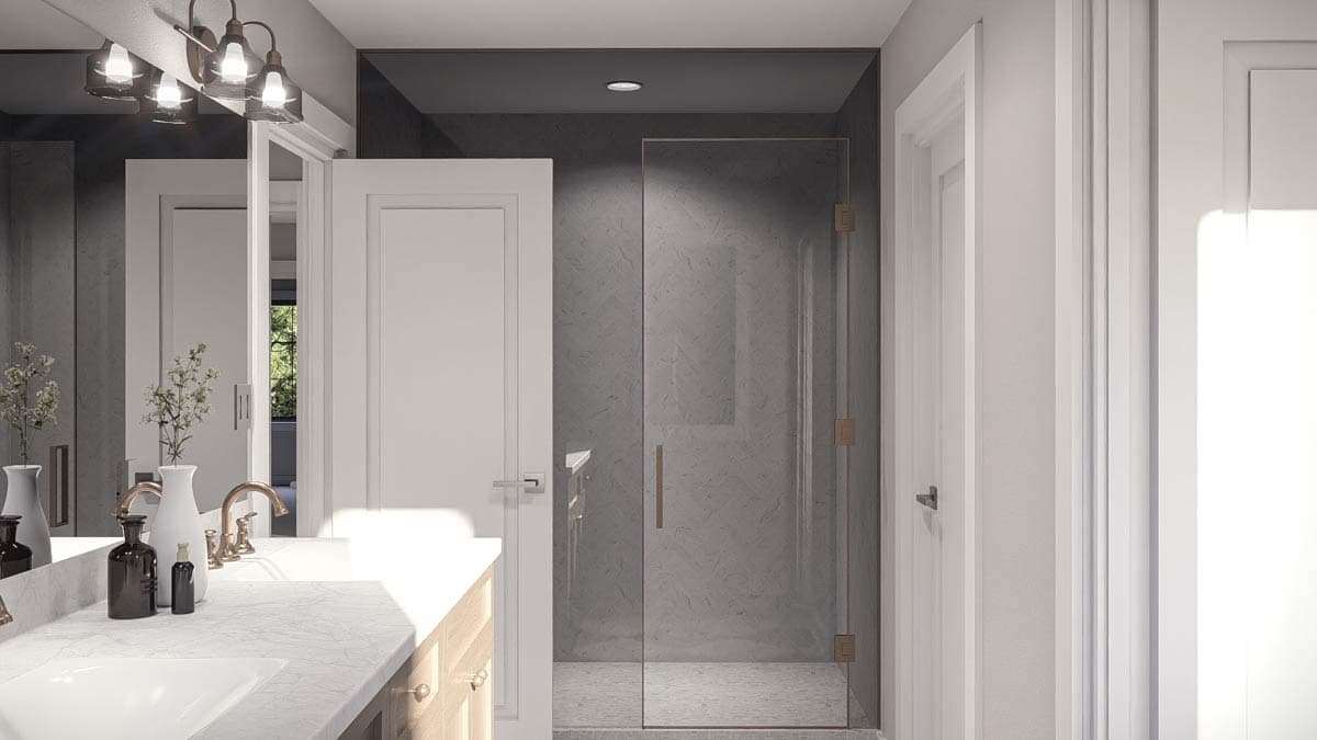 Bathroom rendering showing a double vanity with marble countertop, glass-enclosed shower with marble tile, and modern light fixture.