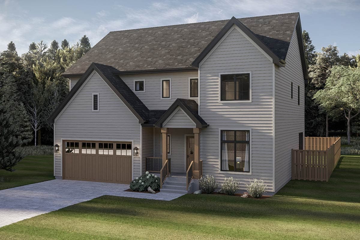 Two-story house plan exterior with a pitched roof, gabled dormers, attached garage, and covered front porch.