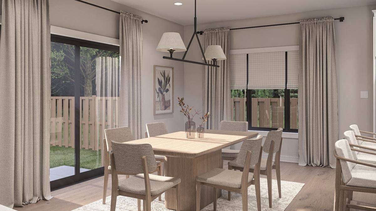 Dining room with light wood table, six chairs, sliding glass door to backyard, and window.