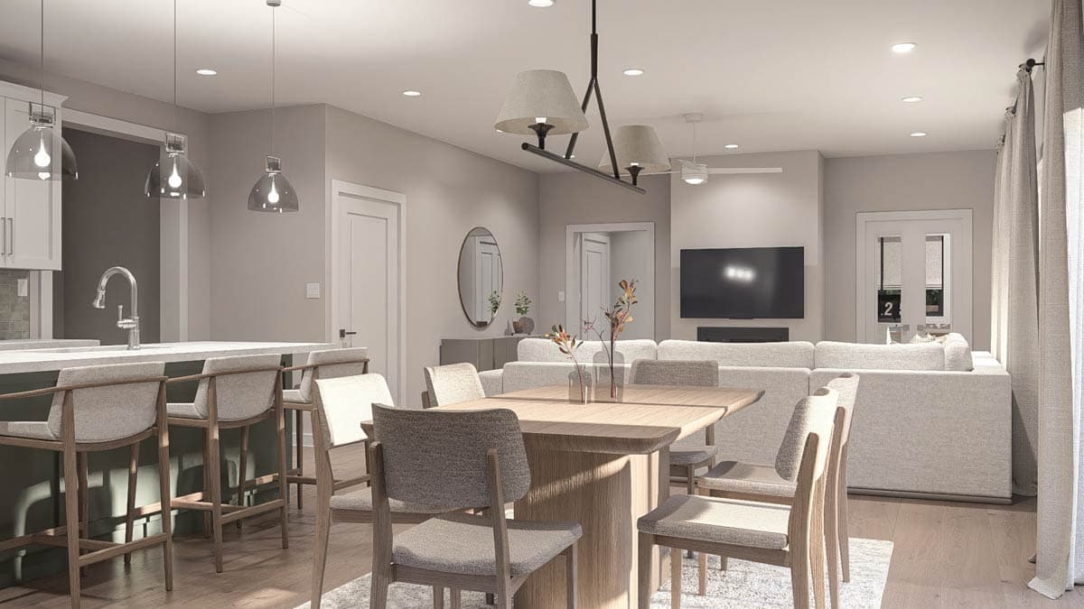 Rendering of an open-concept living space with kitchen island, dining table, and seating area with fireplace and TV.