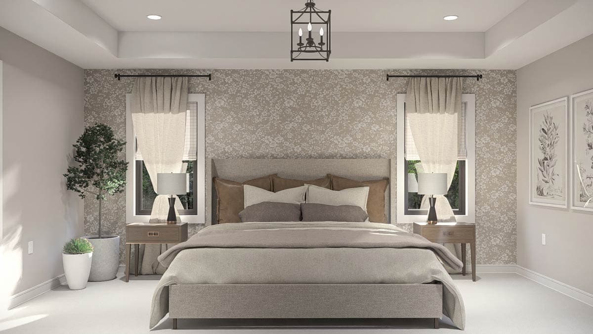 Primary bedroom rendering with a king bed, floral wallpaper, tray ceiling, and two windows with drapes.