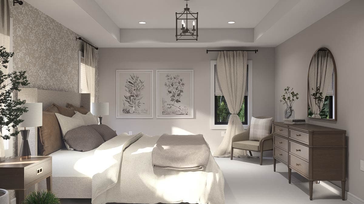 Bedroom rendering with tray ceiling, king bed, decorative wallpaper, two windows, and dresser.