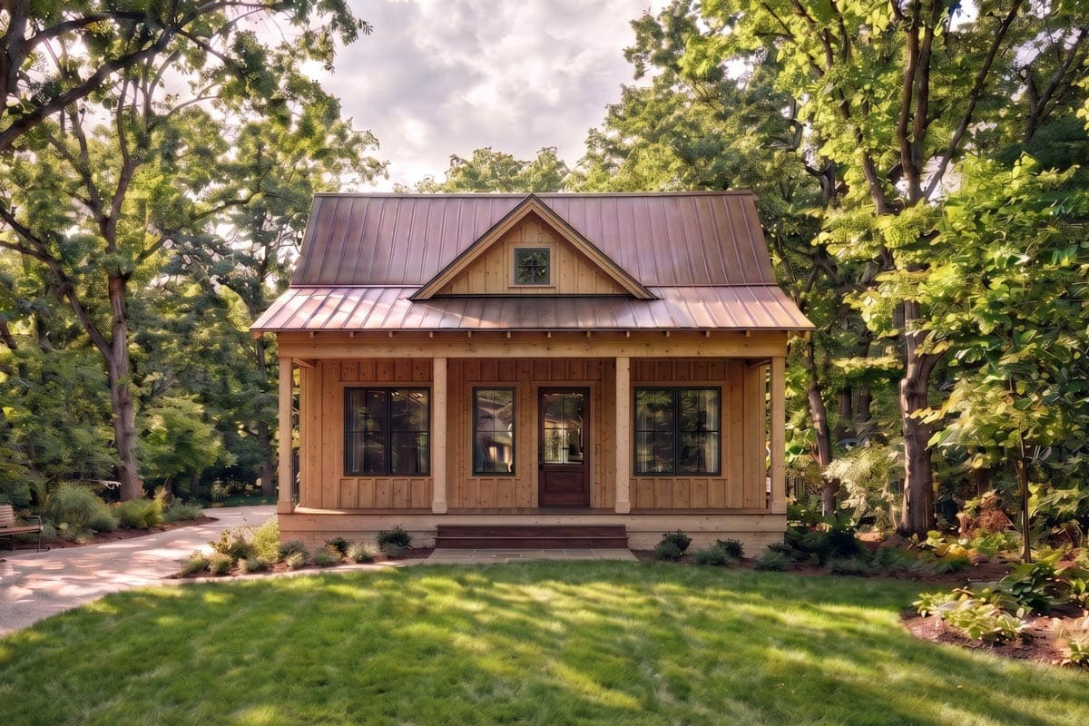Plan 470319REY: Cozy 1-Bedroom Cabin House Plan with Front Porch and Main Level Master Suite - Image #3 - Cabin, Cottage, Country, Farmhouse