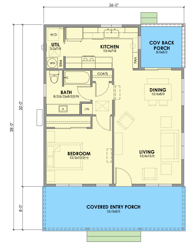 Plan 470319REY: Cozy 1-Bedroom Cabin House Plan with Front Porch and Main Level Master Suite - Floor Plan - Image #8 - Cabin, Cottage, Country, Farmhouse