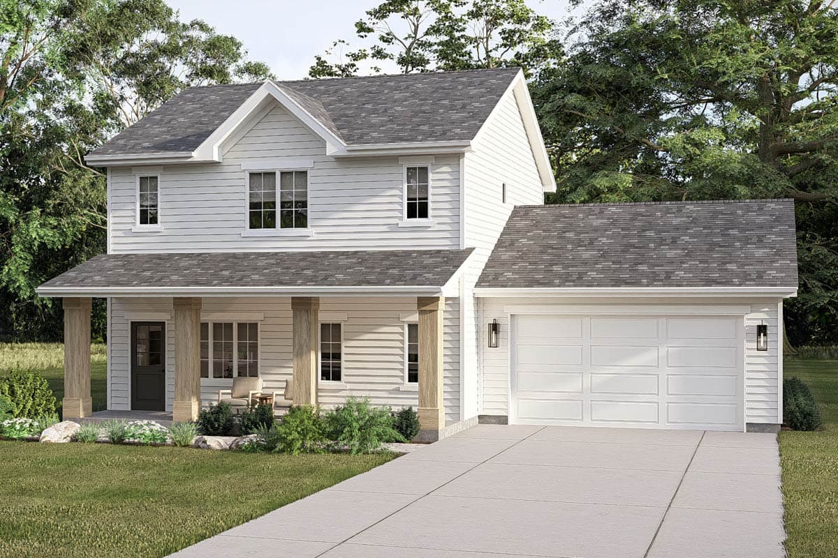 Plan 623644DJ: 3-Bedroom Traditional Farmhouse House Plan with 2-Car Garage - Image #3 - Farmhouse, Traditional