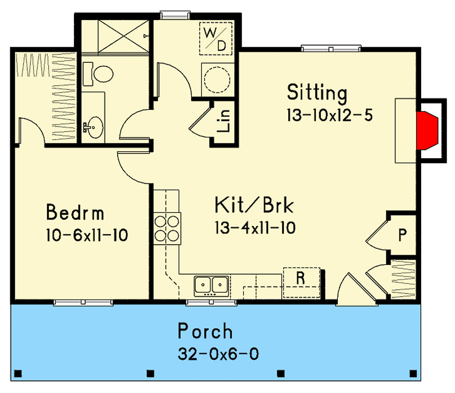 Plan 22201SL: Country Cottage House Plan with 1 Bedroom and Main Level Laundry - Floor Plan - Image #5 - Cabin, Cottage, Country, Vacation