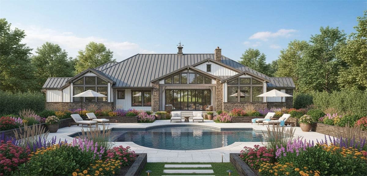 Plan 54057LK: Expansive Modern Hill Country House Plan with 4 Beds and Outdoor Kitchen - Image #2 - European, Hill Country, Modern Farmhouse, Ranch, Transitional