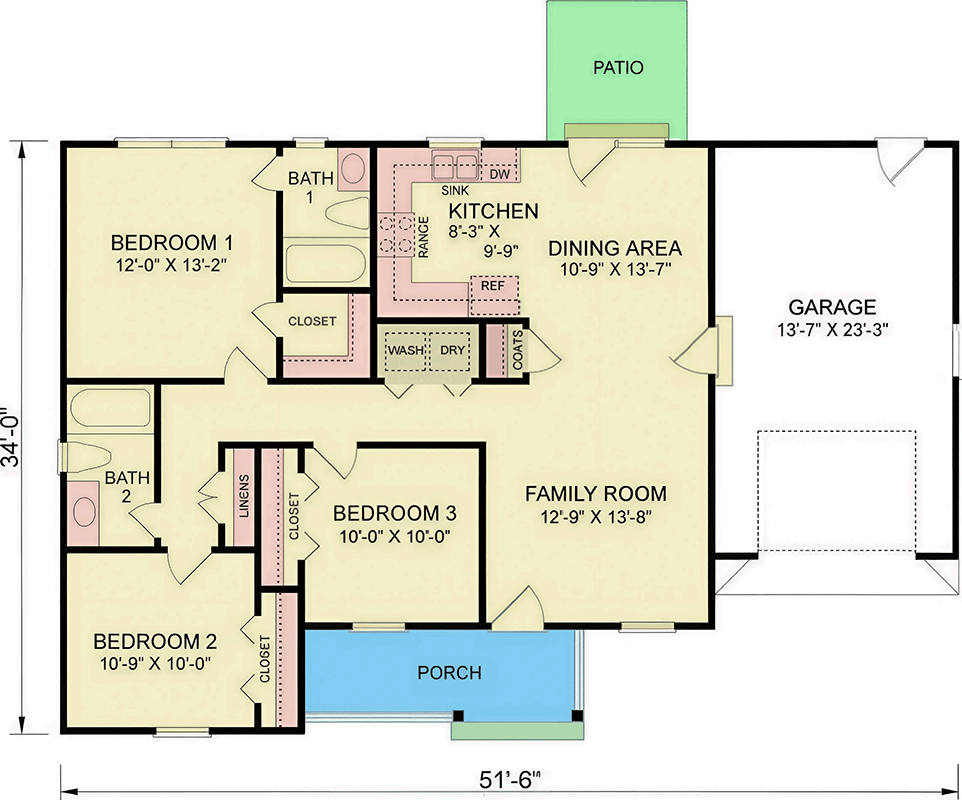 Plan 25957GE: Three Bedroom Country Ranch House Plan with One Car Garage - Floor Plan - Image #7 - Country, Ranch, Traditional
