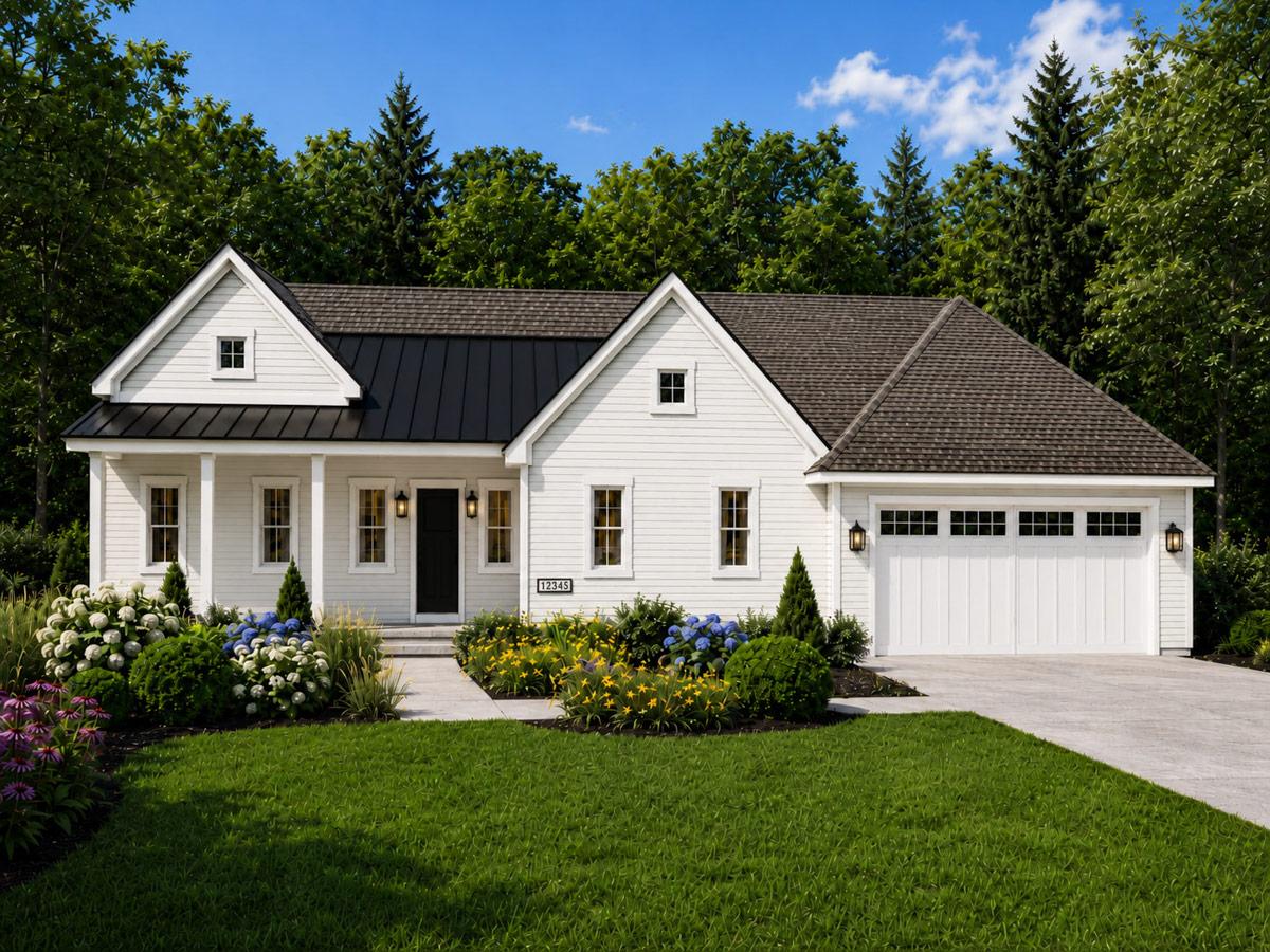 Modern Farmhouse house plan exterior with white siding, a gabled dormer, covered porch, and a two-car garage.