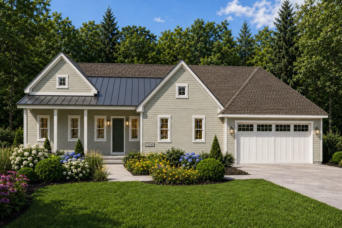 House plan exterior: One-story Modern Farmhouse with gabled dormer, covered front porch, and a two-car garage.
