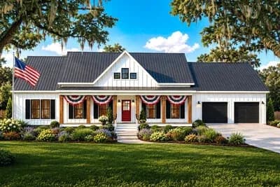 Modern Farmhouse House Plan with Split Bedrooms and Cathedral Great Room