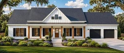 Modern Farmhouse House Plan with Split Bedrooms and Cathedral Great Room