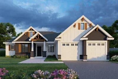 Craftsman Ranch House Plan with 2 Beds and Vaulted Great Room