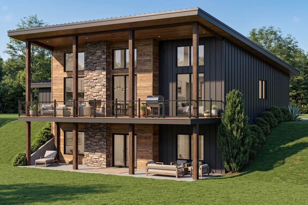 Modern house plan exterior with two stories, stone and wood siding, metal roof, and wraparound deck.