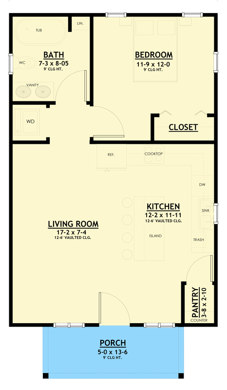 Plan 850033PKE: One-Bedroom Farmhouse Cottage House Plan - Floor Plan - Image #5 - Bungalow, Cottage, Farmhouse
