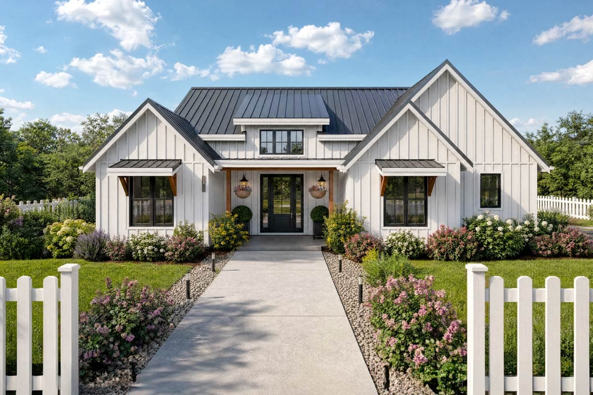 3-Bed Modern Farmhouse Plan with Side-Load 2-Car Garage