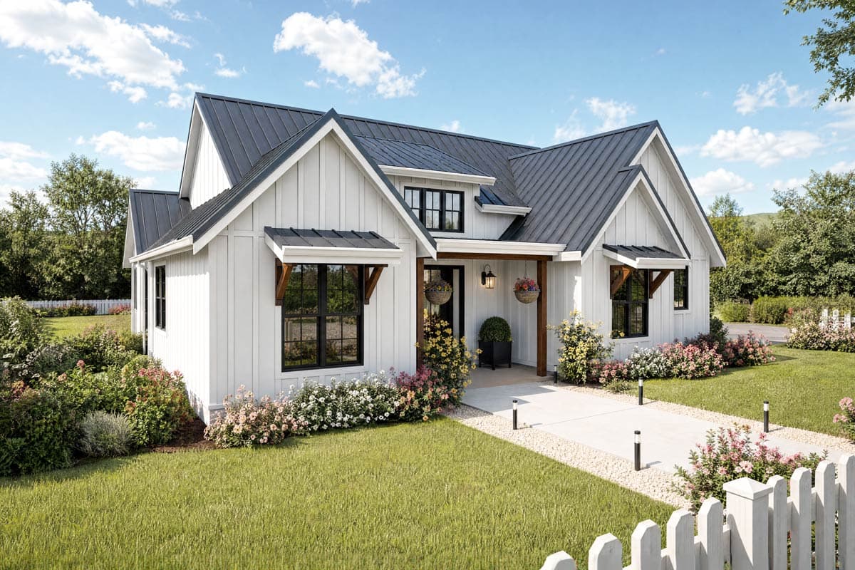 Plan 69918AM: 3-Bed Modern Farmhouse Plan with Side-Load 2-Car Garage - Image #2 - Farmhouse, Modern Farmhouse, Ranch